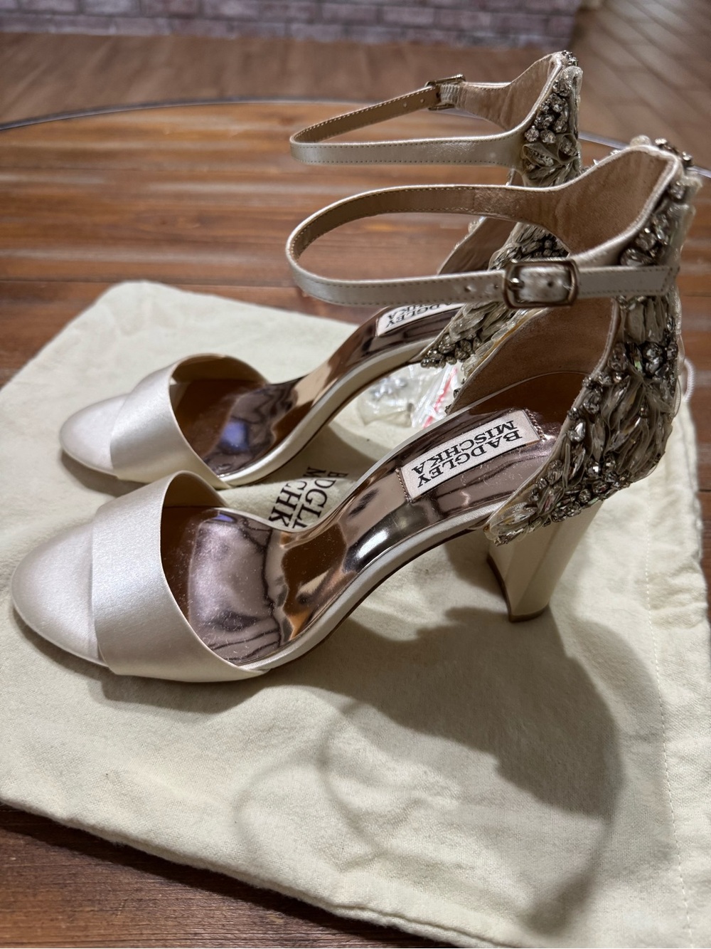 Badgley Mischka Pearl Satin Block-Heel Sandals with Jeweled Back